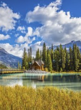 Yoho National Park, Canada. Wooden bridge over Emerald Lake. Camping and coniferous forest