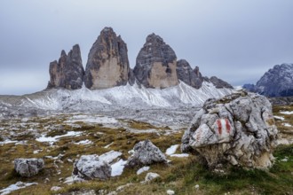 View of famous Tre Cime peaks in Tre Cime di Lavaredo National Park, Dolomiti Alps, South Tyrol,