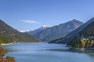 Landscape of Zhinvali reservoir with surrounding mountains, Georgia, Asia