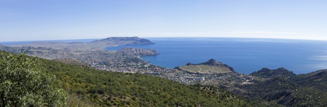 Panorama of the Black Sea coast, a view from the Perchem mountain on the resort town of Sudak and