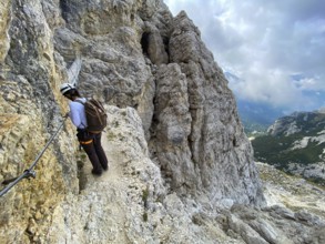 Adventurous hike up to mount Lagazuoi in the Dolomite Alps, autonomous pronvince of South Tirol in