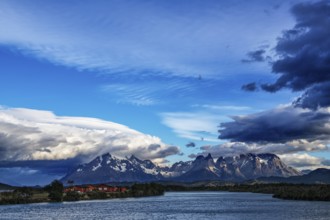 View over Lago Paine to the Cuernos and Torres del Paine, Torres del Paine National Park,