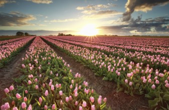 Beautiful sunset over field with pink tulips, Holland