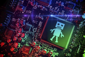 Computer chip with robot symbol, artificial intelligence, photomontage