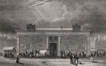 The morgue, quai of Notre-Dame, Paris, antique steel engraved print, 1831
