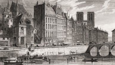 Panorama of Paris with Notre-Dame de Paris, antique steel engraved print, 1831