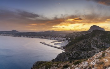 Landscape view of Javea Bay and port in Alicante Province at sunset
