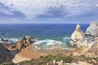 Atlantic coast of Portugal. Two picturesque cliffs of white sandstone cliffs of red sandstone on