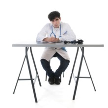 Male doctor with clipboard isolated over white background