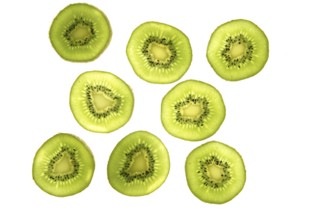 Kiwi green transparent slices over white background