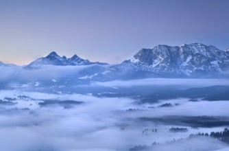Karwendel mountains in morning fog, Bavaria, Germany, Europe