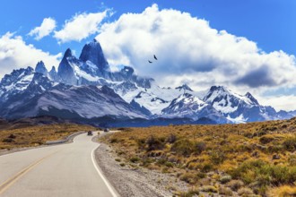 Argentine Patagonia. Summer day in February. Fine highway to the majestic Mount Fitz Roy. The