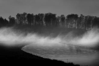 Foggy landscape, near Wesertal, Weser Uplands, Weserbergland, Hesse, Germany, Europe