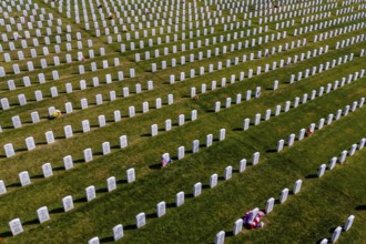 Oct 28, 2023, Salisbury, NC: Aerial view of a military cemetery with rows of military head stones