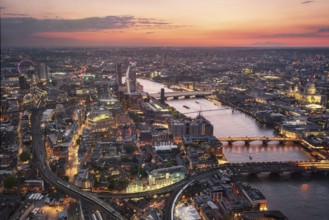 Aerial view of London skyline at sunset, United Kingdom, Europe