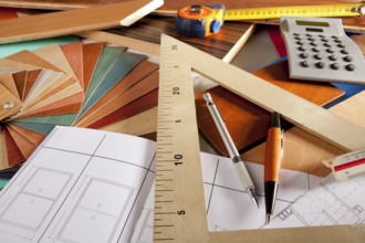 Architect interior designer or carpenter workplace with desk design tools