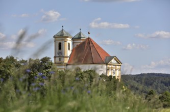 Pilgrimage church Maria Himmelfahrt in Marienberg, blooming meadow and white-blue sky, Burghausen,