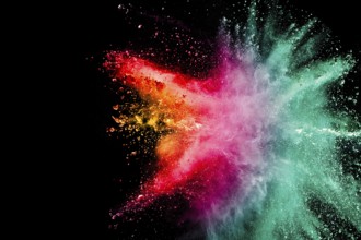 Abstract multicolored powder explosion on black background. Color dust particle splattered on