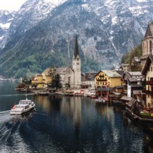 Church and harbor in Hallstatt, Austria, Europe