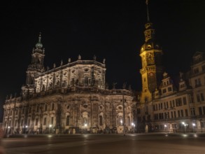 Illuminated historical church building with high tower at night, Dresden, Saxony, Germany, Europe