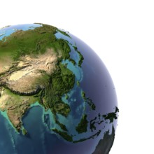 Earth with translucent water in the oceans and the detailed topography of the continents. A