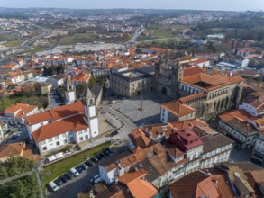 Aerial top view of old historic town Viseu with church and Cathedral, Portugal, Europe