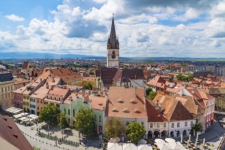 Small Square and Lutheran Cathedral in Sibiu, Transylvania, Romania, Europe