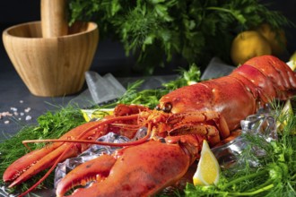 The cooked lobster on ice