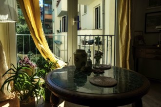 Romantic coffee table, two cups of coffee on a marble table in the interior of a classic house