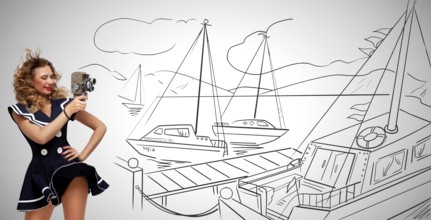 Glamorous pin up sailor girl in the harbour filming yachts with an old retro cinema 8 mm camera and