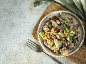 Waldorf salad with copy space. American fruit and nut salad with apples, celery, grapes, chicken
