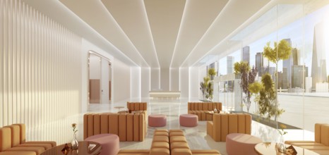 Interior of modern entrance hall in modern office building with reception counter and waiting area