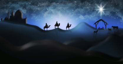 Christmas Nativity Scene Of Three Wise Men Magi Going To Meet Baby Jesus in the Manger with the