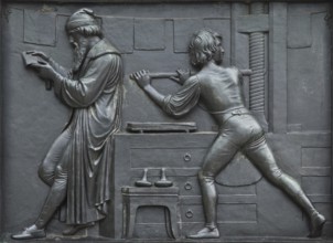 Sculptor Bertel Thorvaldsen inaugurated in 1837, bronze relief on the plinth: workshop scene