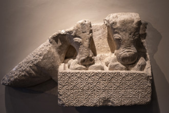 The mule and ox, Romanesque sculpture, 12th century, master Esteban's workshop, origin of the