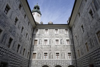 Fresco painting, inner courtyard, Ambras Castle, Innsbruck, Tyrol, Austria, Europe