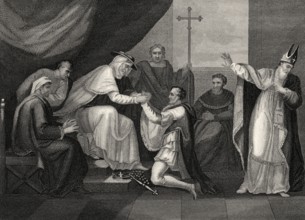 König Johann kniet vor dem päpstlichen Legaten Kardinal Pandulf Verraccio, Szene aus dem
