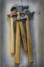 Four different hammer on a wooden surface