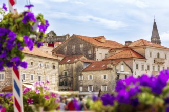 Perast, Montenegro flowers frame and houses on promenade of the ancient town