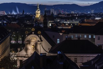 Illuminated church tower, blue hour, old town centre of Graz, Styria, Austria, Europe