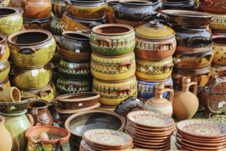 A Lot of Old Earthenware Crockery on the Pottery Market Burgas, Bulgaria, Europe