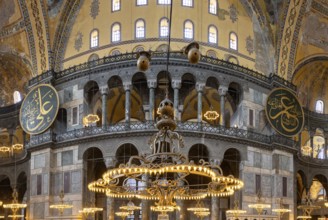 A picture of the colorful and gorgeous interior of the Hagia Sophia, in Istanbul