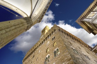 Palazzo Vecchio and Piazza della Signoria in Florence. Beautiful upward view