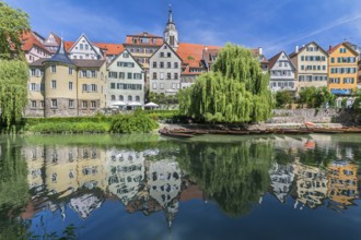 View of the historic old town of Tübingen, Germany with scenic reflection of the houses in the