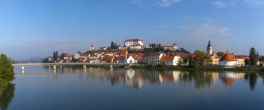 Ptuj, Slovenia, 11 October, 2022: panorama cityscape of Ptuj with the hilltop castle and