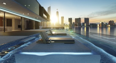 Luxury villa exterior design with beautiful sunset cityscape at the infinity pool. 3d rendering