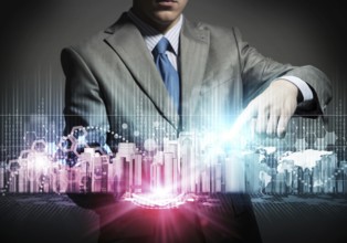Businessman touching colorful hologram of modern business district 3d model. Architect presenting