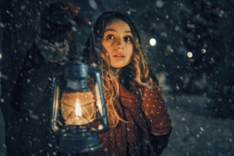 Young girl with lantern in winter forest fairy tale, book cover, christmas time