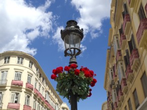 An elegant street lamp with red flowers in front of urban buildings under a blue sky with clouds,