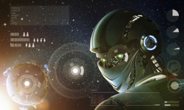 Robot stylish looking back with planet Earth from space. Future technology concept, artificial